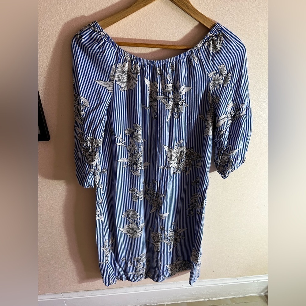 mlle Gabrielle Blue‎ and white stripe dress with flowers